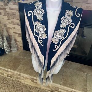 Wanted Blue and White Embroidered Fringe Maxi Dress